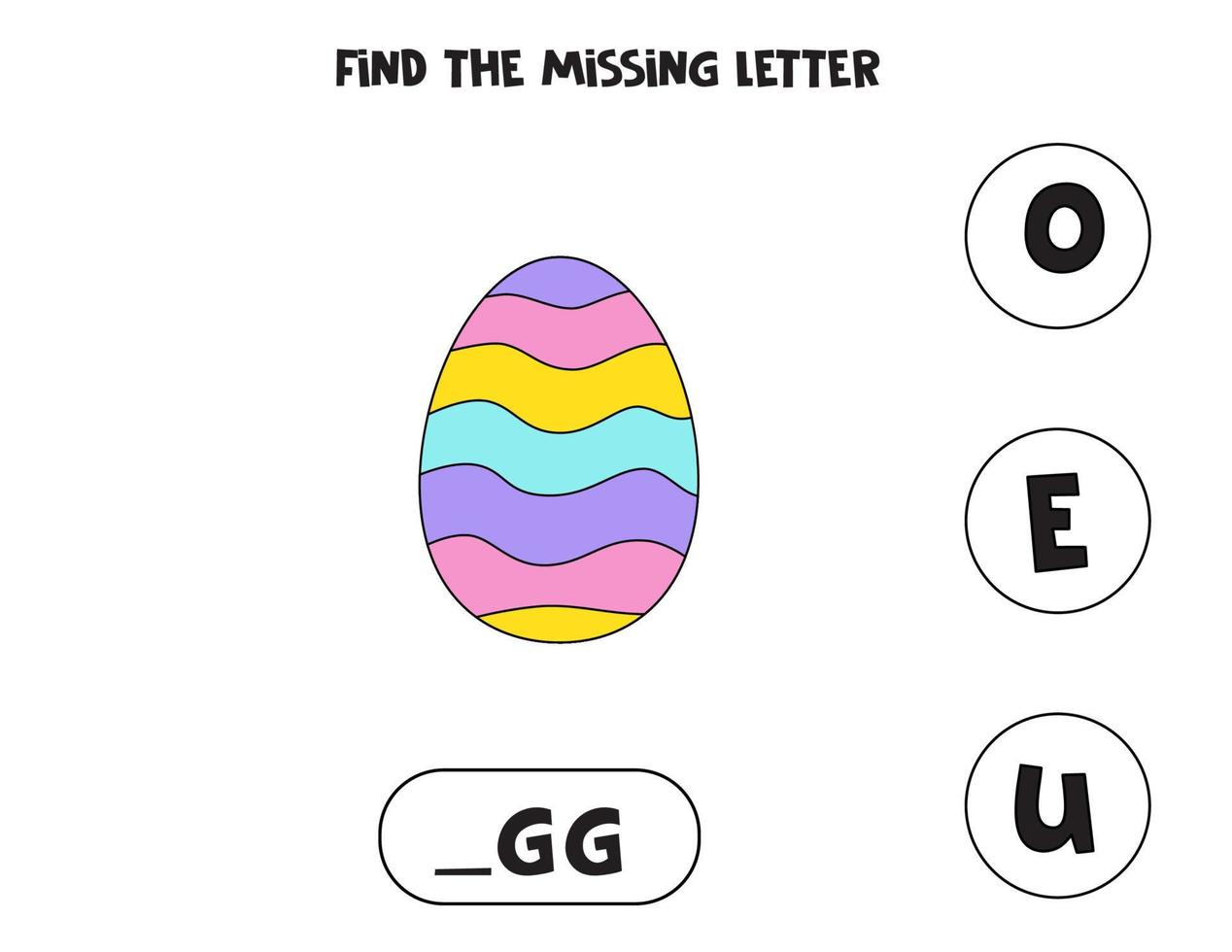 Find missing letter with cute Easter egg. Spelling worksheet. vector