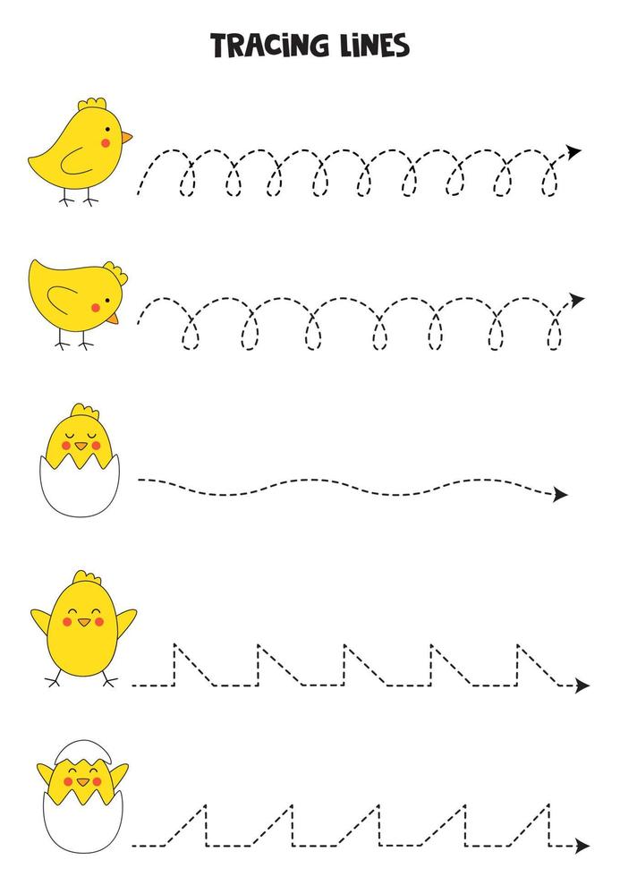 Tracing lines with cute Easter chicks. Writing practice. vector