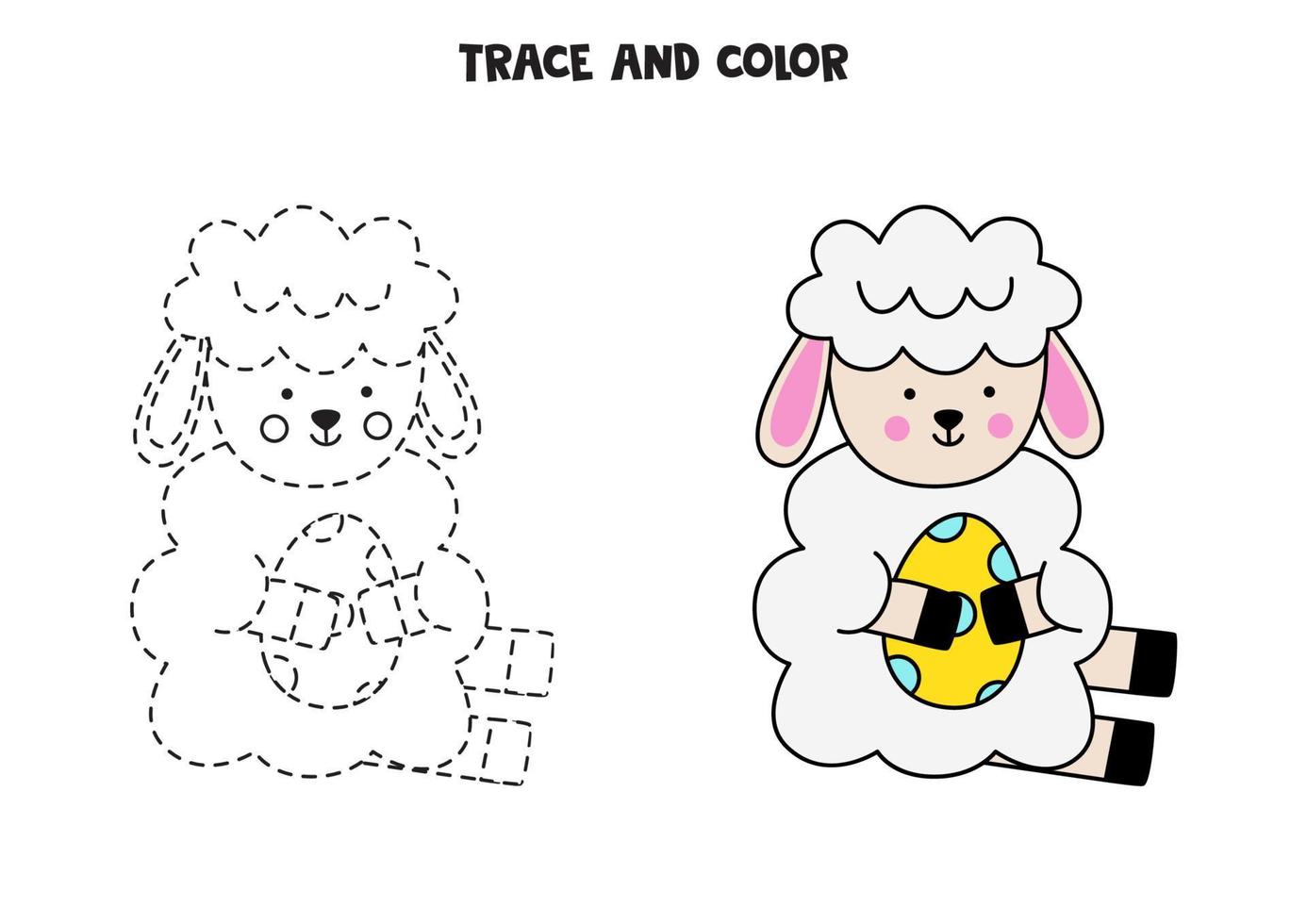 Trace and color cute Easter sheep. Worksheet for children. vector