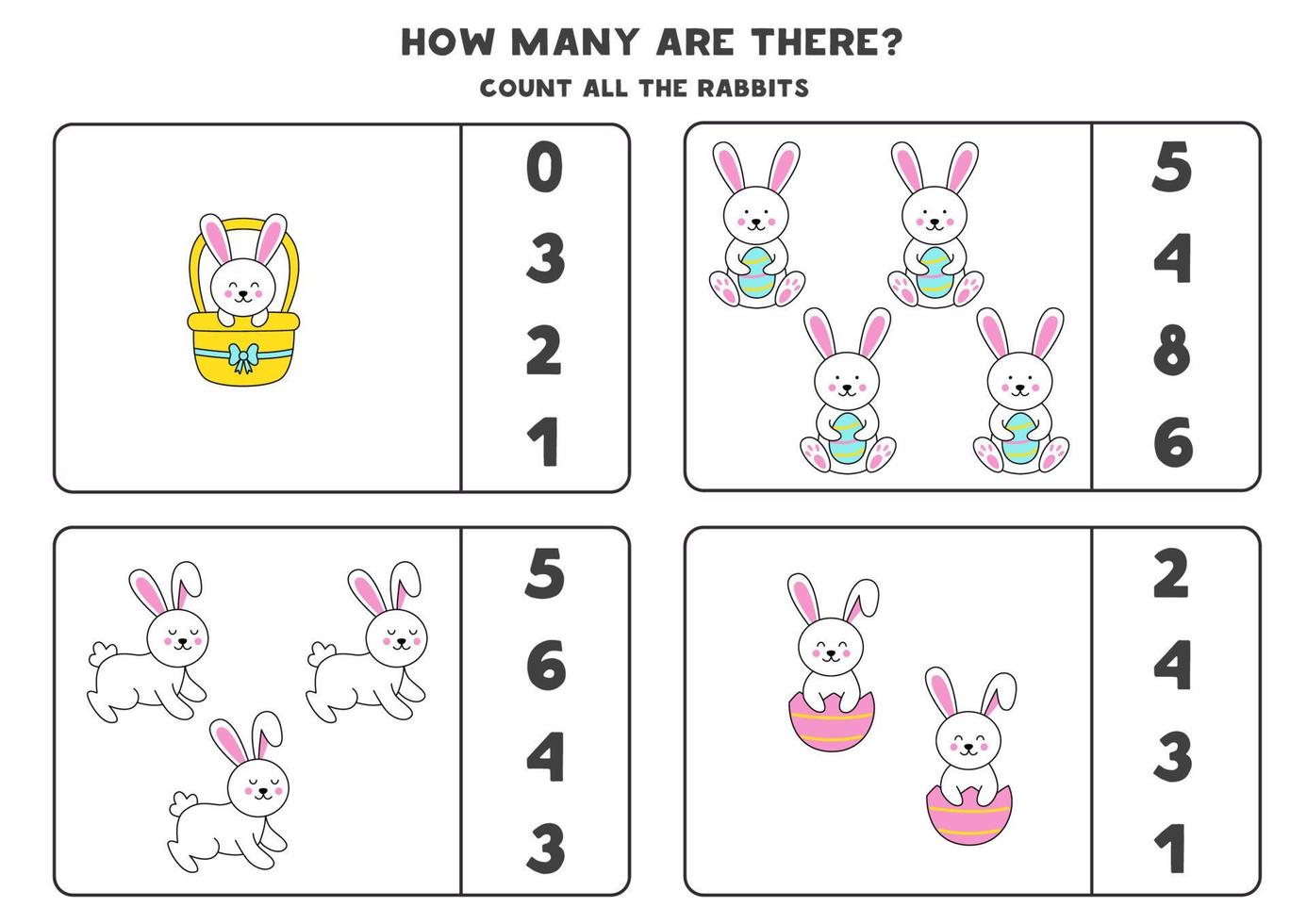 Counting game with Easter bunnies. Educational worksheet. vector