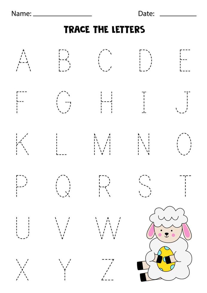 aprendiendo alfabeto. rastreo de letras. lindo cordero de dibujos animados. vector