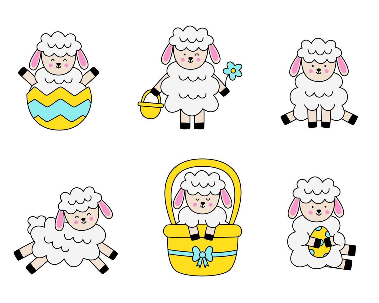 Set of cute baby lambs in cartoon style. vector