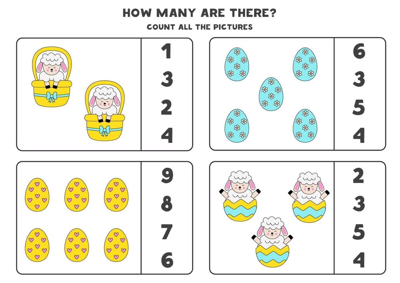 Counting game with Easter eggs and sheep. Educational worksheet. vector