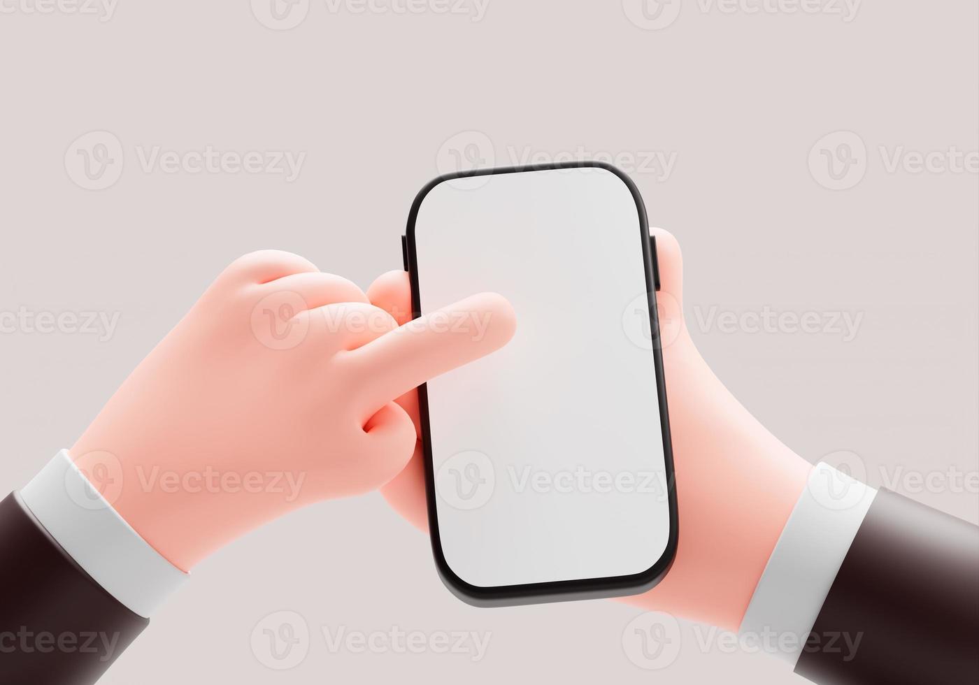 mano que sostiene y usa la aplicación de pantalla táctil del teléfono inteligente publicidad concepto de negocio ilustración de dibujos animados representación 3d foto