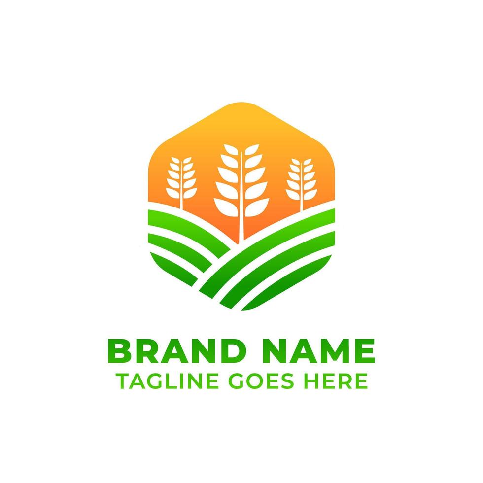 agriculture logo template with farmland shape and shining sun vector