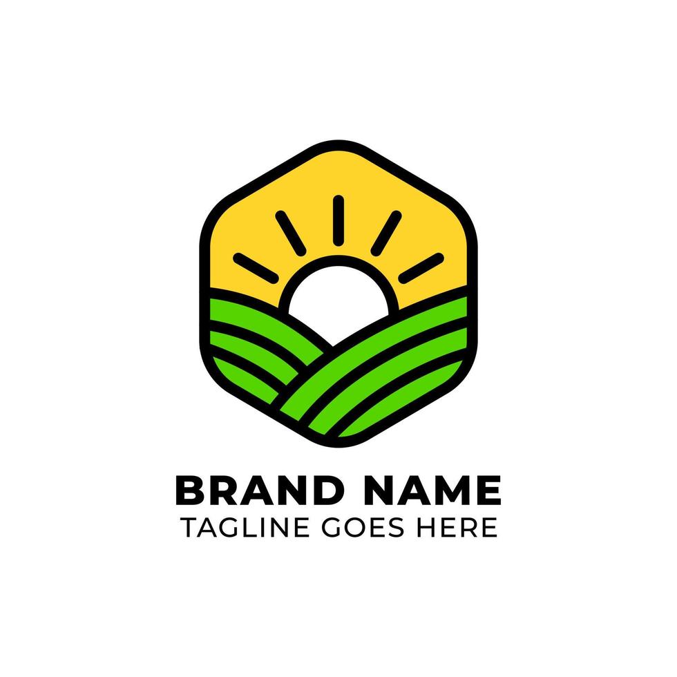 agriculture logo template with farmland shape and shining sun vector