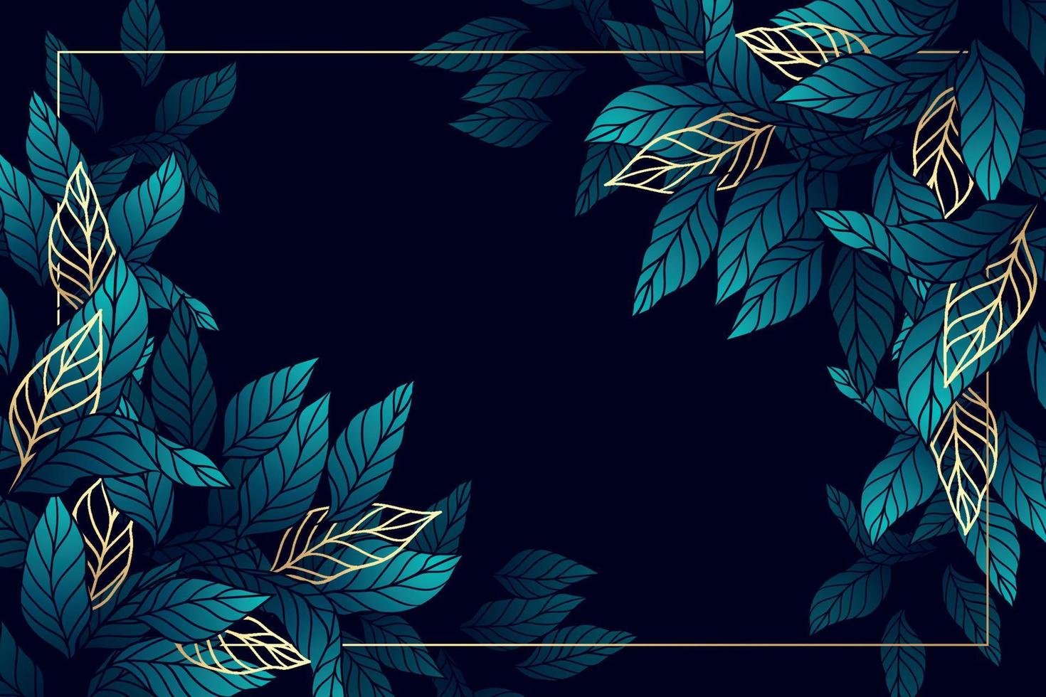 Tropical leaves and branches with golden lines background with frame vector