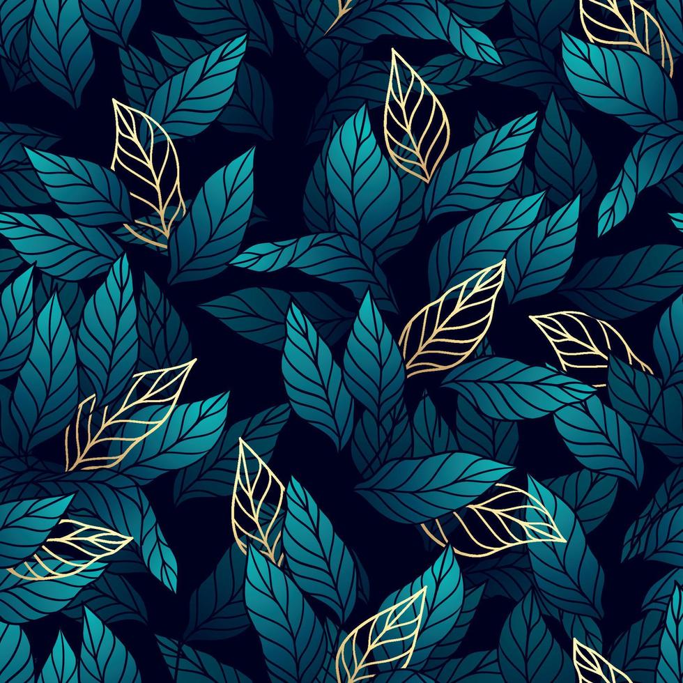 Tropical leaves and branches with golden lines seamless pattern vector