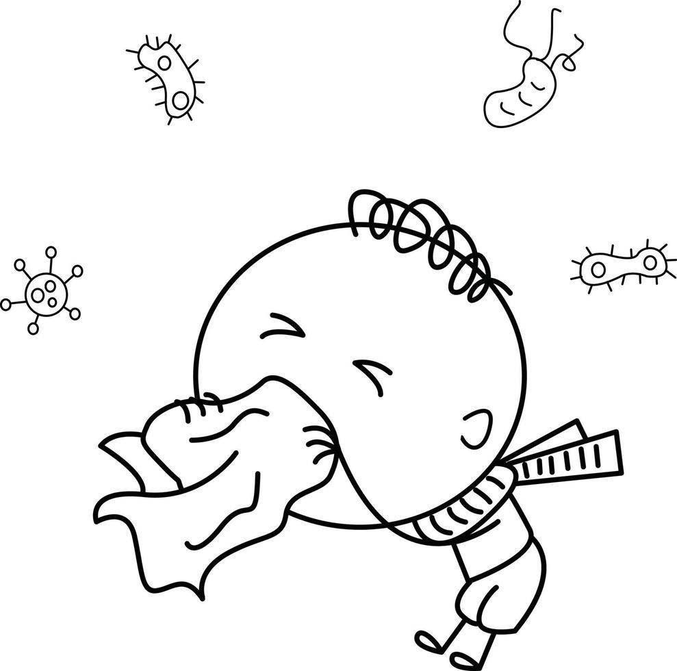 cute cartoon illustration for kids. black and white. the boy is sick with the flu. vector