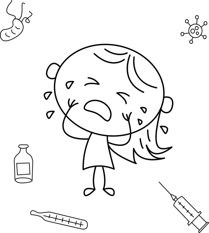 Linda ilustración de dibujos animados para niños. en blanco y negro. la niña está enferma. ella esta llorando de dolor vector