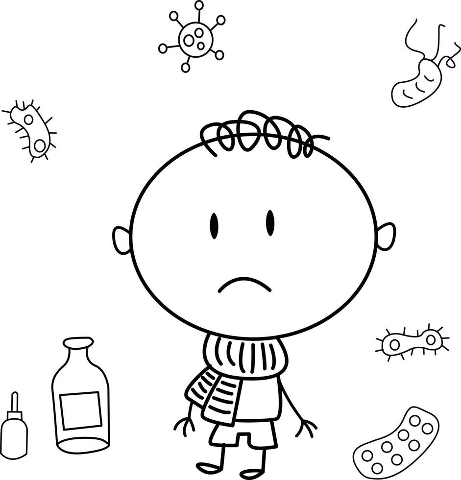 cute cartoon illustration for kids. black and white. the boy is sick. but he has recovered from his illness. vector