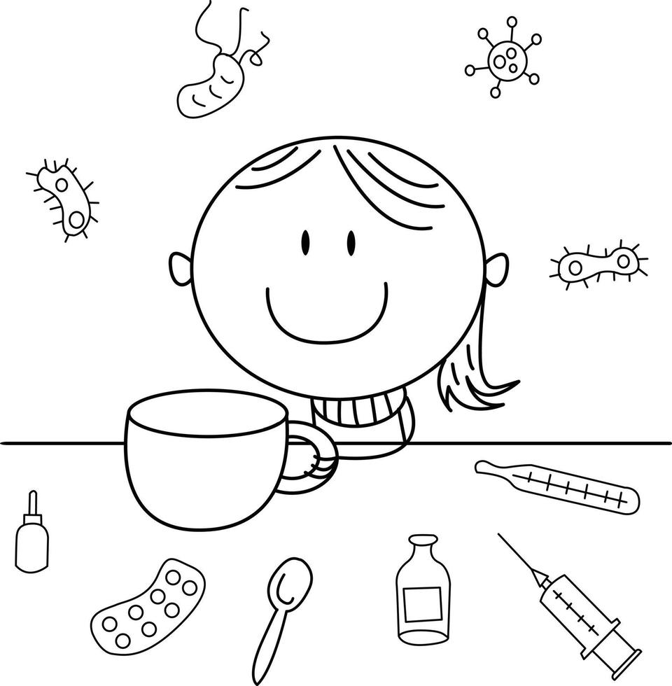 cute cartoon illustration for kids. black and white. the girl is sick. but he has recovered from his illness. vector