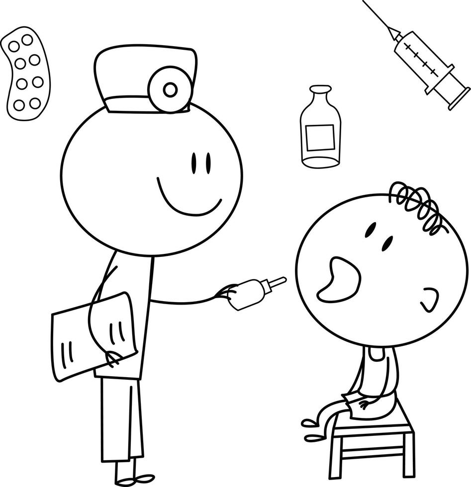 Linda ilustración de dibujos animados para niños. en blanco y negro. el niño  está enfermo. está siendo examinado por un médico. 5907553 Vector en  Vecteezy