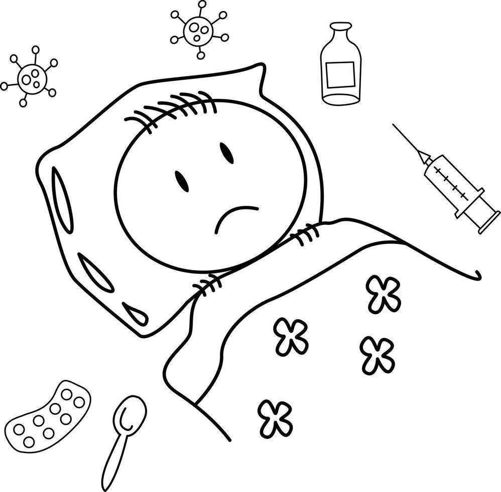 cute cartoon illustration for kids. black and white. the boy is sick. he is resting vector