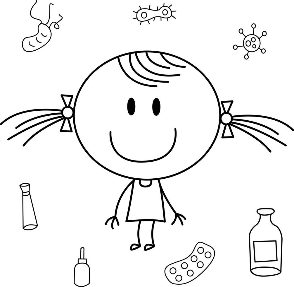 Linda ilustración de dibujos animados para niños. en blanco y negro. la niña está enferma. pero se ha recuperado de su enfermedad. vector