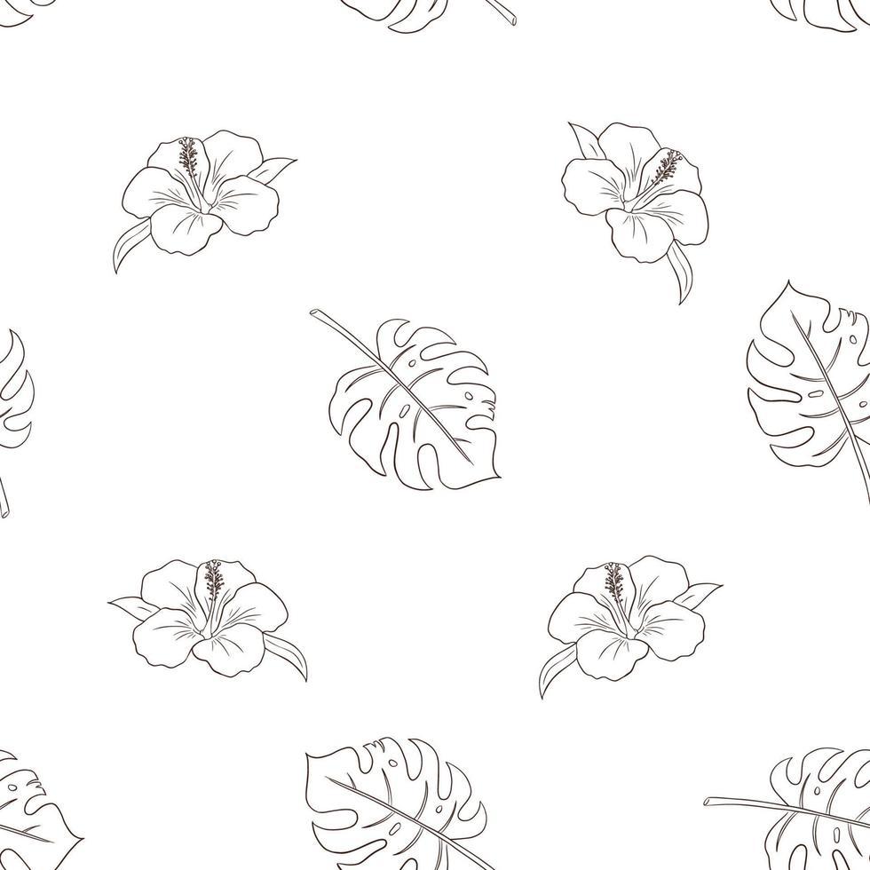 Hand Drawn Hibiscus Flowers and Monstera Leaves Seamless Pattern vector