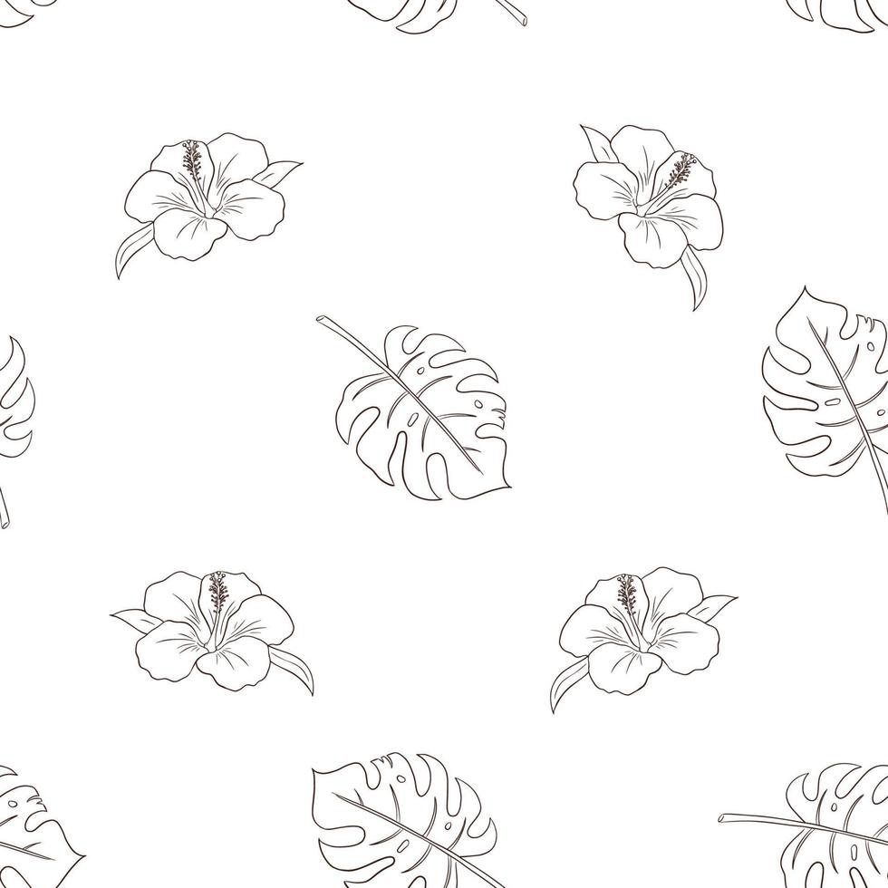 Hand Drawn Hibiscus Flowers and Monstera Leaves Seamless Pattern ...