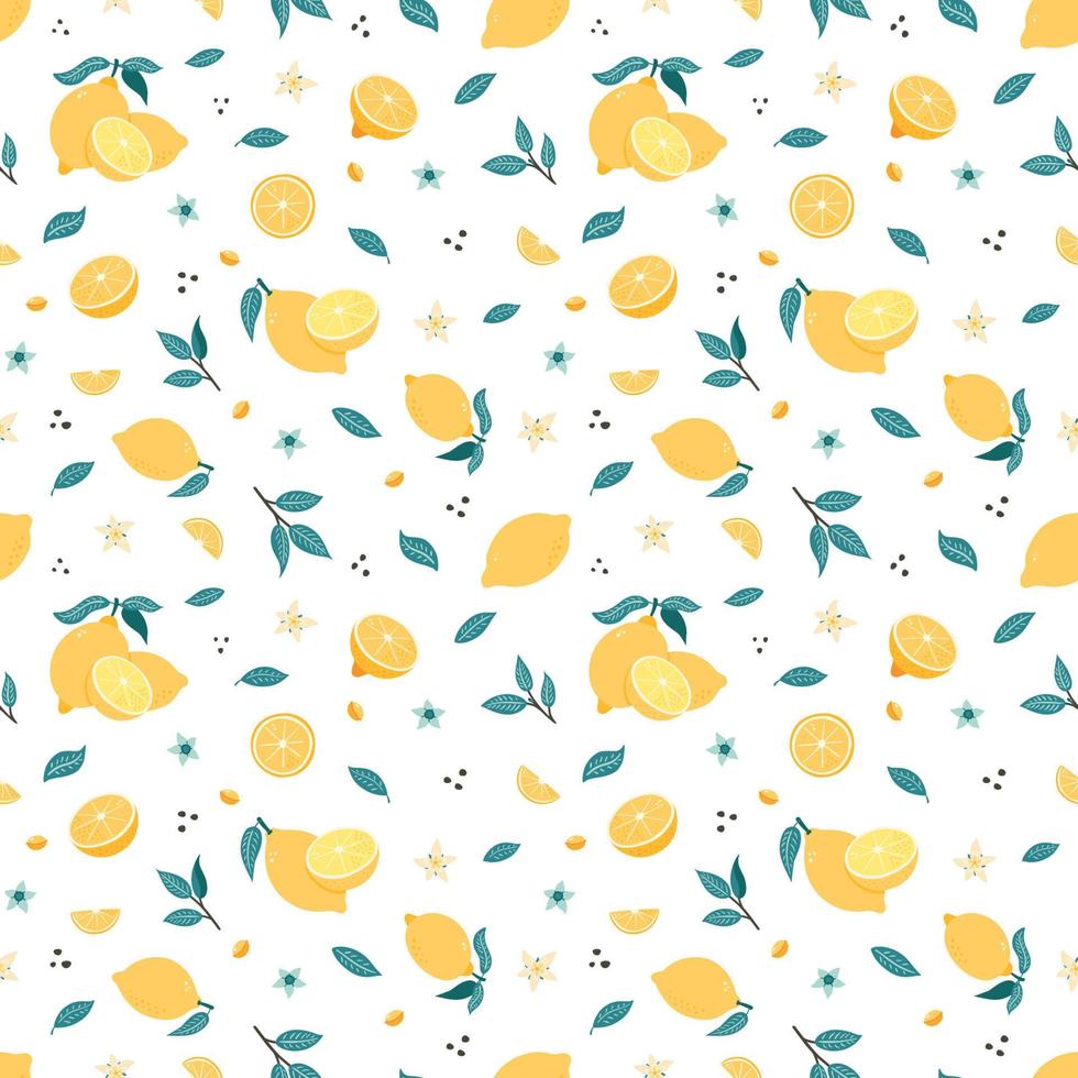 Hand Drawn Citrus background. Lemon Seamless Pattern. Yellow fruit ornament for wallpaper, wrapping paper, textile, menu, food package design and decoration vector