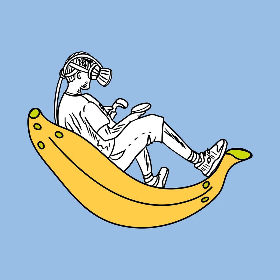 niño jugando un juego de realidad virtual en una silla de plátano. genial para el diseño de carteles, volantes, tarjetas. ilustración dibujada a mano aislada sobre fondo azul. vector