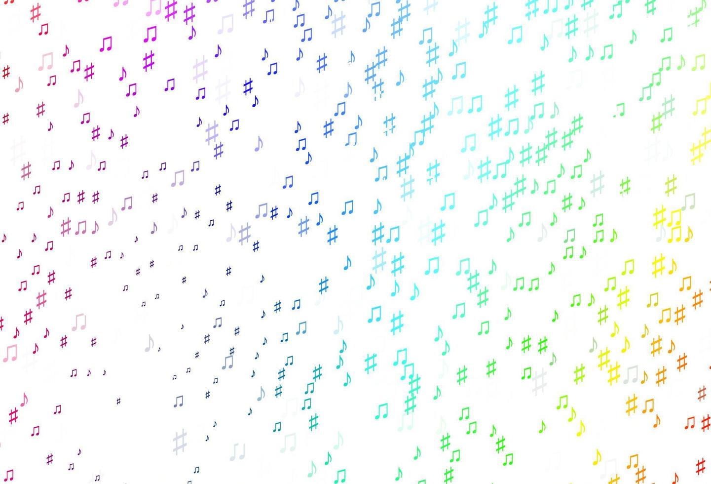 Fondo de vector de arco iris multicolor claro con símbolos musicales.