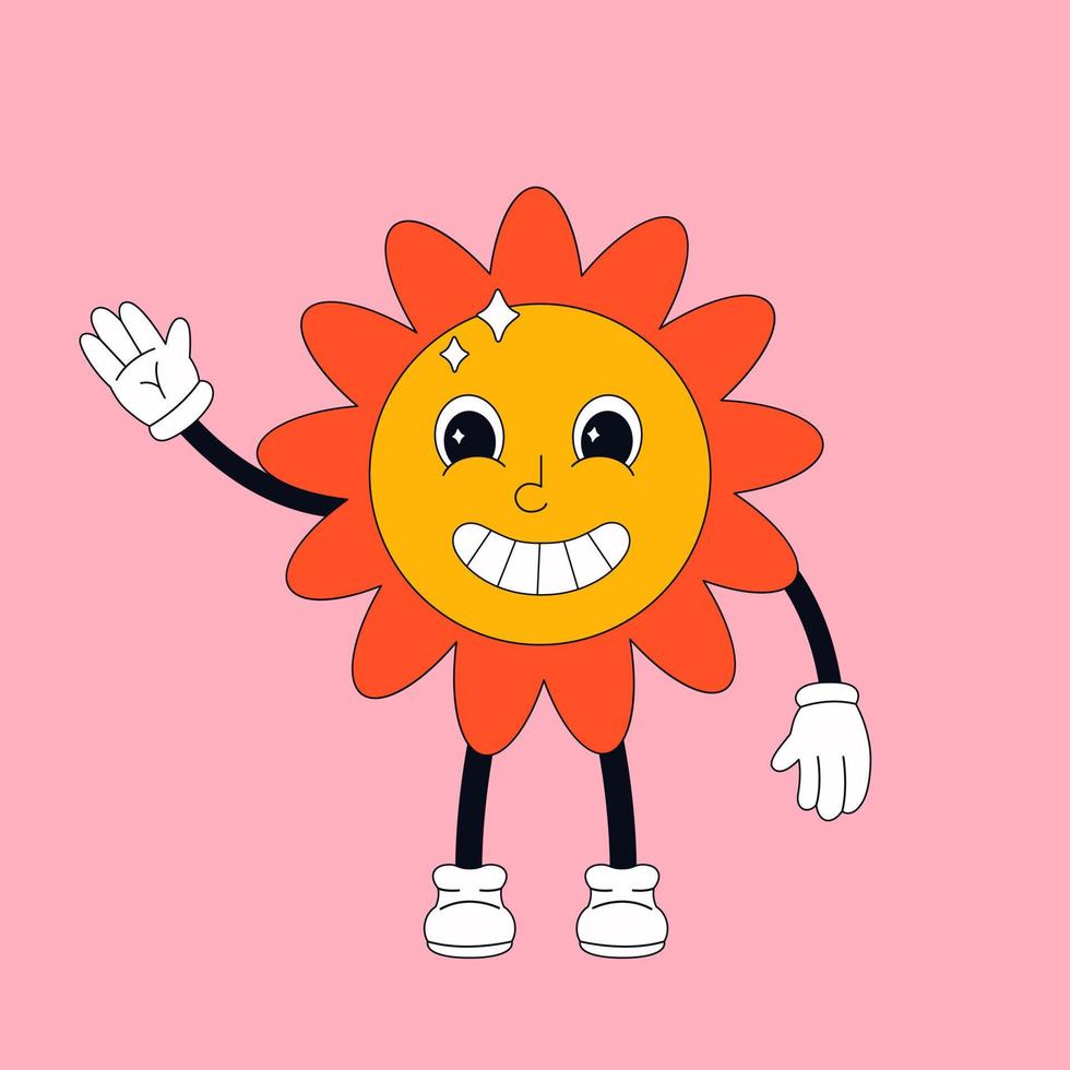 lindo personaje de sol en estilo retro, vintage, psicodélico, años 90 vector