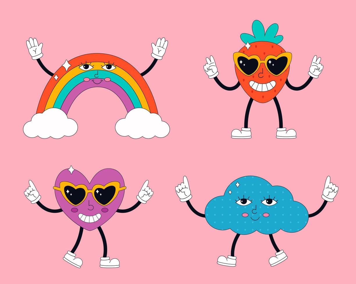 Set of cute characters in psychedelic 70's style. Hippie, psychedelic vector