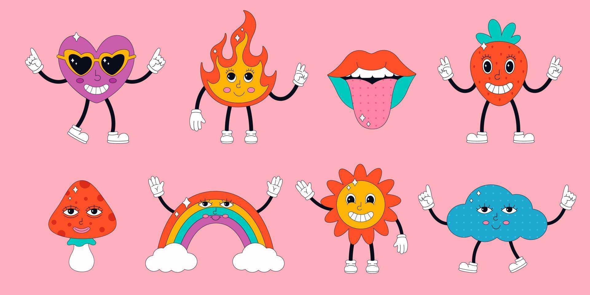 Set of cute characters and elements in psychedelic 70's style vector