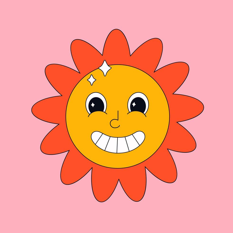 Cute sun character in retro, vintage, psychedelic, 90s style vector