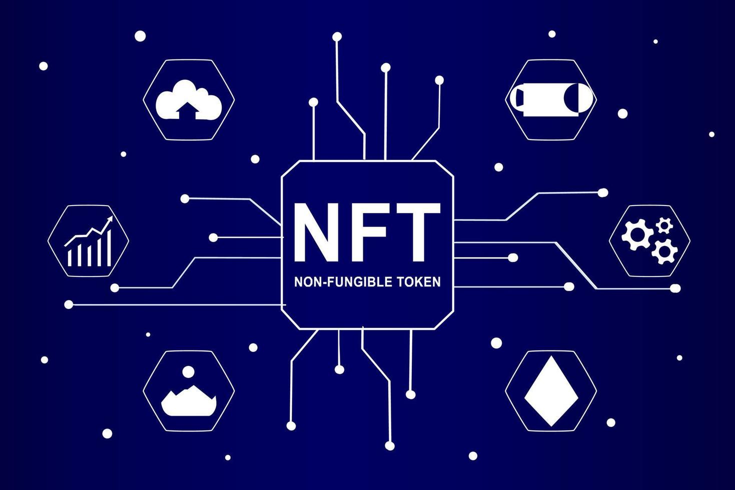 Infografía de token no fungible nft con red de líneas y puntos. paga por un coleccionable único en video, juego, arte. ilustración vectorial isométrica de nft con tecnología blockchain para web, plantilla de banner vector