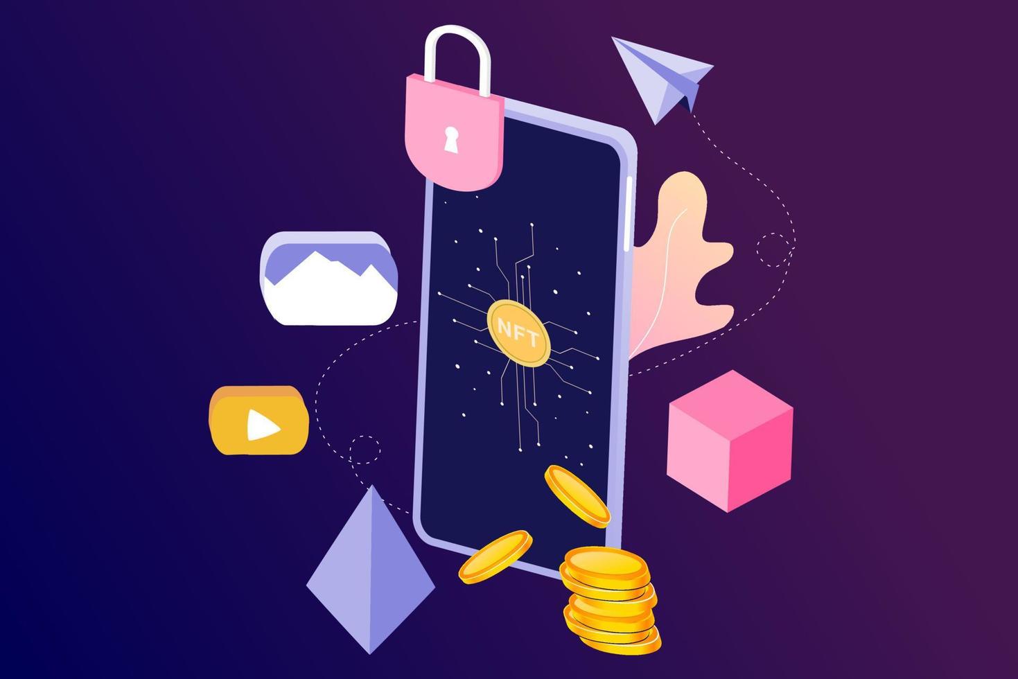 NFT non fungible token infographic with lines and dots network. Pay for unique collectible in video, game, art. Isometric vector illustration of NFT with blockchain technology for web, banner template