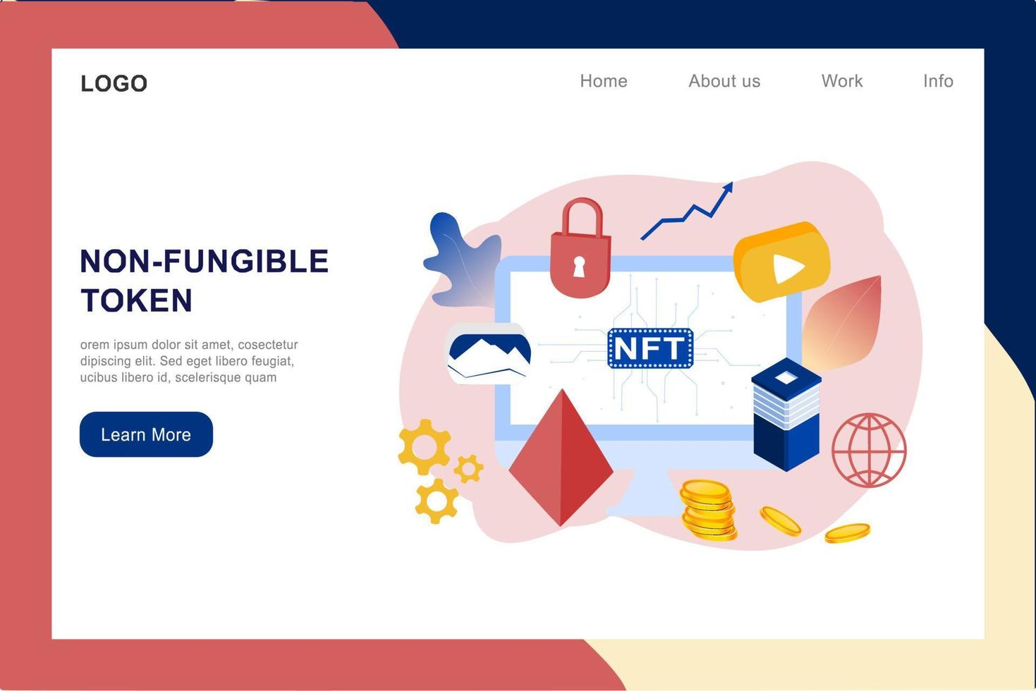 NFT non fungible token infographic with lines and dots network. Pay for unique collectible in video, game, art. Isometric vector illustration of NFT with blockchain technology for web, banner template