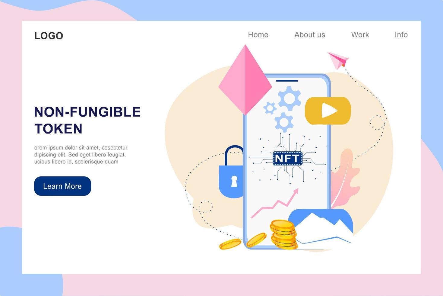 NFT non fungible token infographic with lines and dots network. Pay for unique collectible in video, game, art. Isometric vector illustration of NFT with blockchain technology for web, banner template
