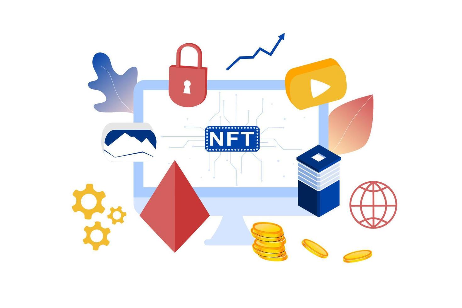 NFT non fungible token infographic with lines and dots network. Pay for unique collectible in video, game, art. Isometric vector illustration of NFT with blockchain technology for web, banner template