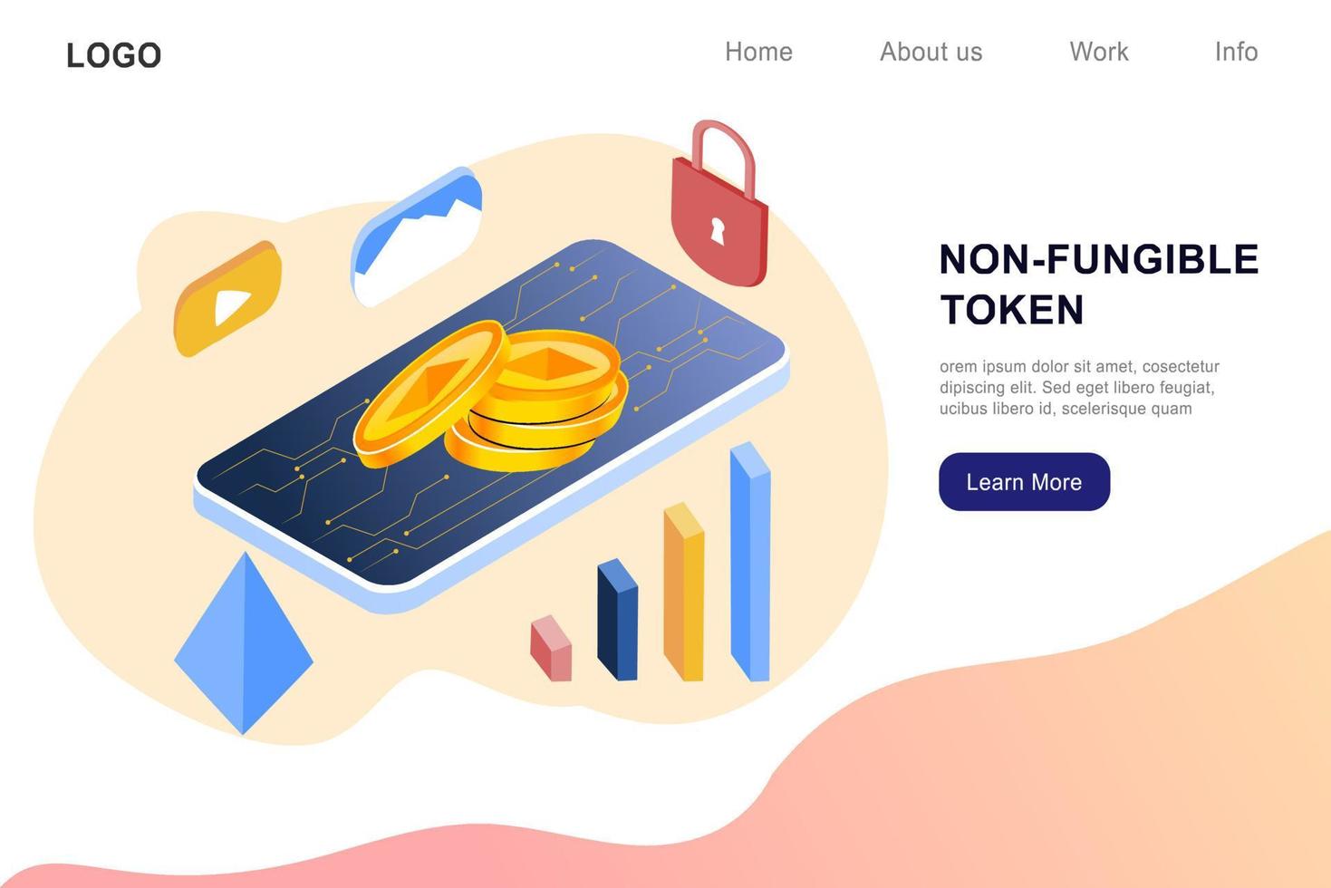NFT non fungible token infographic with lines and dots network. Pay for unique collectible in video, game, art. Isometric vector illustration of NFT with blockchain technology for web, banner template