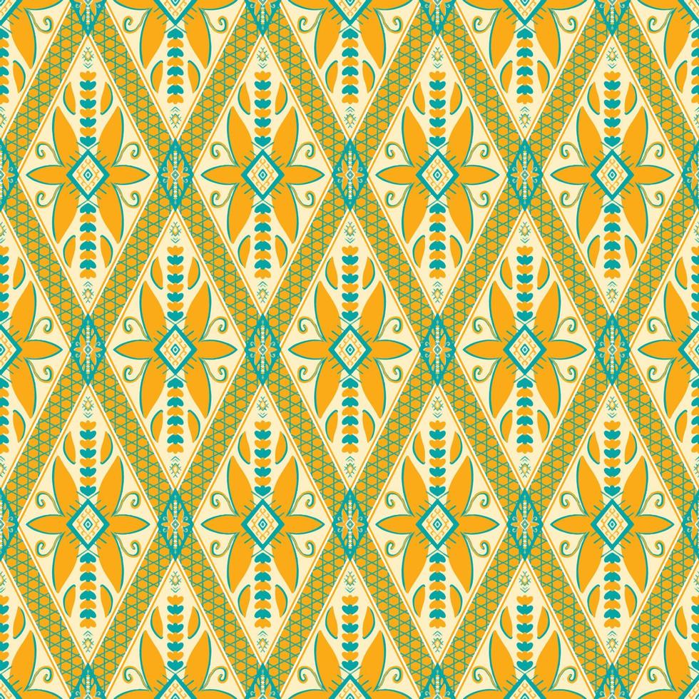 Yellow Green Teal Flower on Ivory. Geometric ethnic oriental pattern traditional Design for background,carpet,wallpaper,clothing,wrapping,Batik,fabric, vector illustration embroidery style