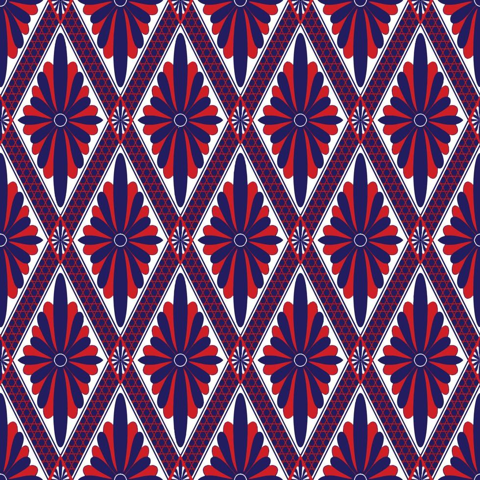 Red Navy Blue Flower on White. Geometric ethnic oriental pattern traditional Design for background,carpet,wallpaper,clothing,wrapping,Batik,fabric, vector illustration embroidery style