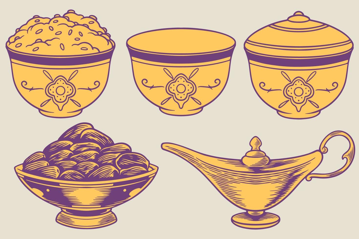 hand drawn of islamic ornaments with traditional Arabic dishes vector