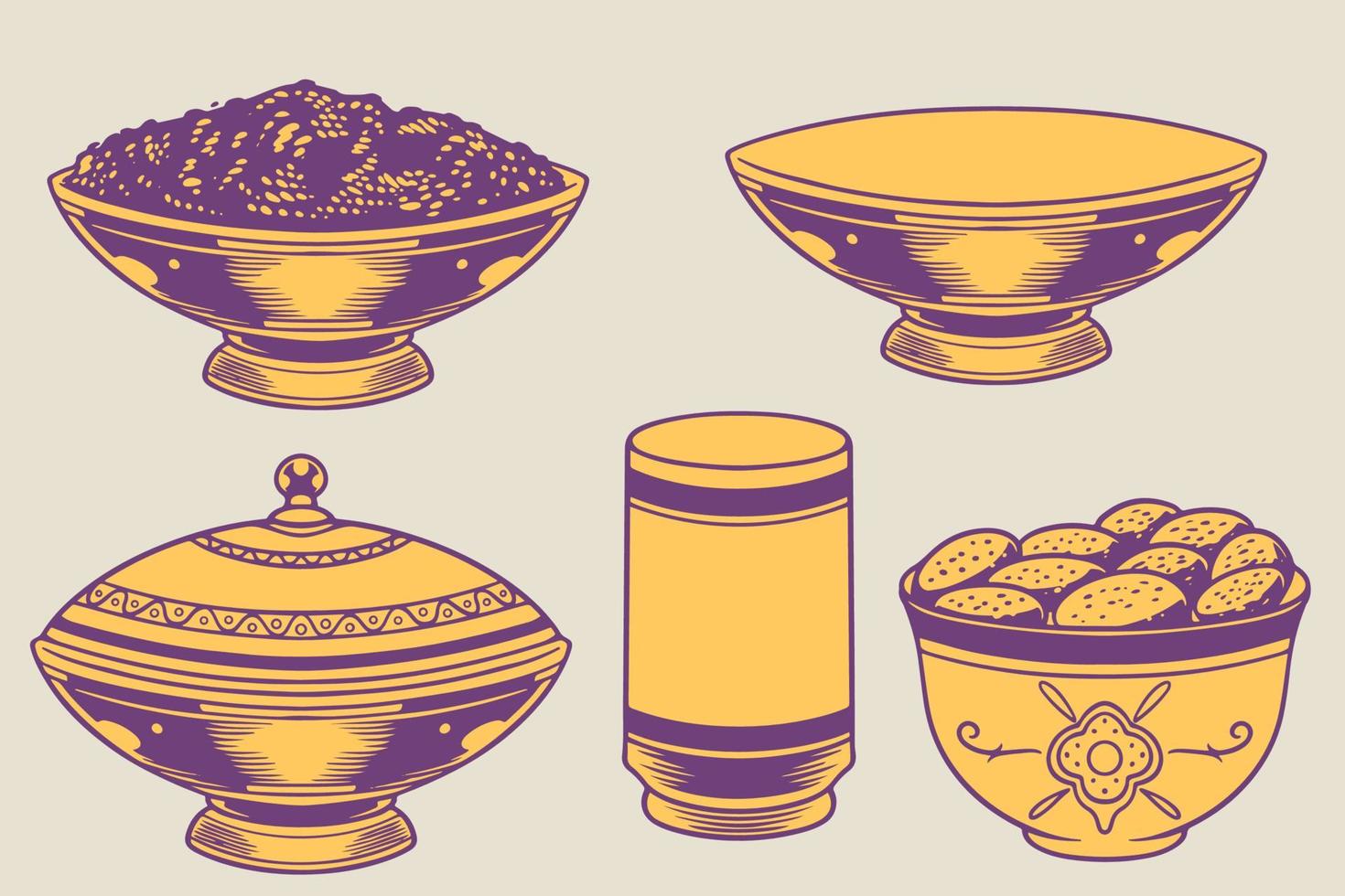 hand drawn of islamic ornaments with traditional Arabic dishes vector