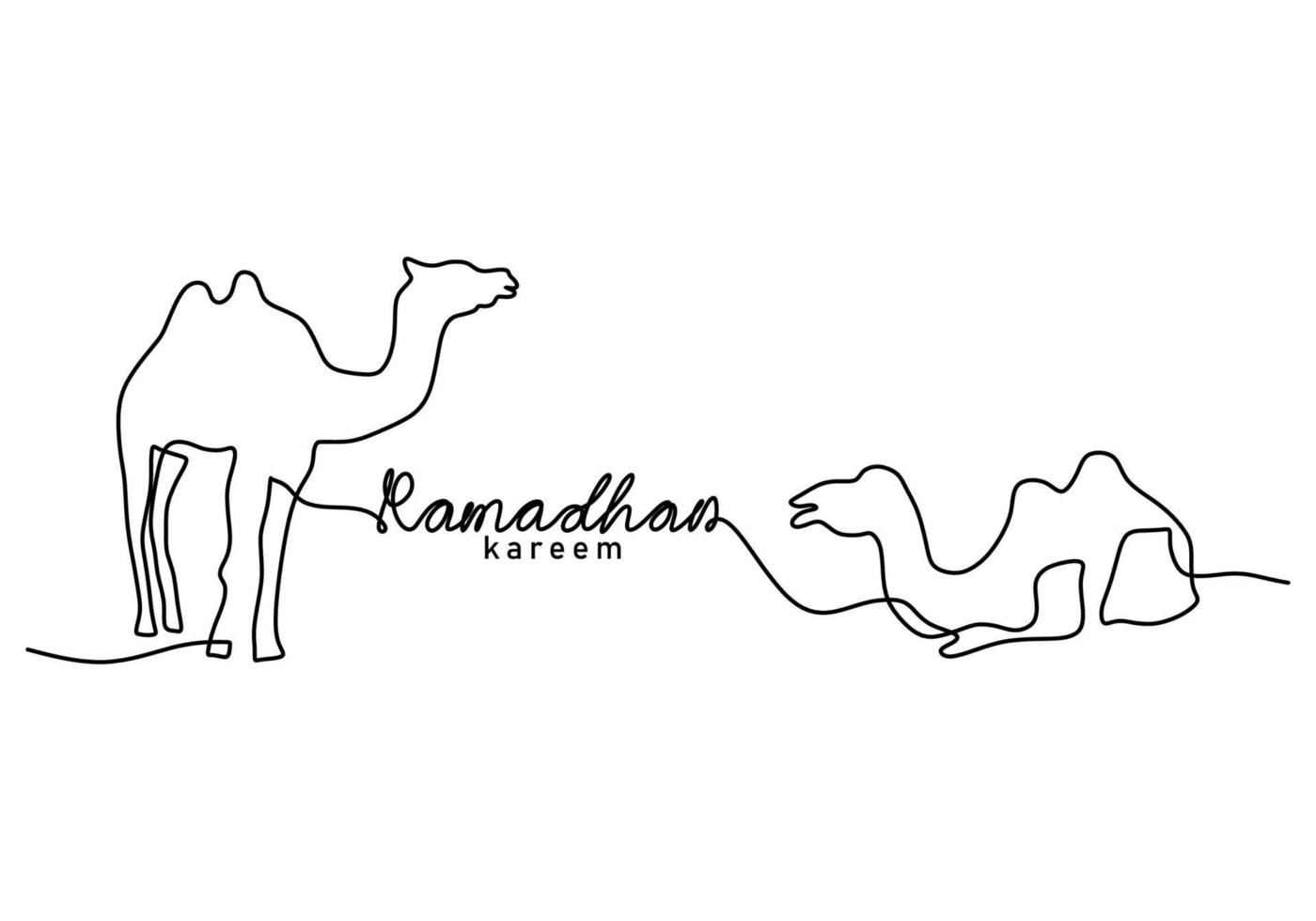 continuous single line of ramadan kareem word with two camels on desert vector