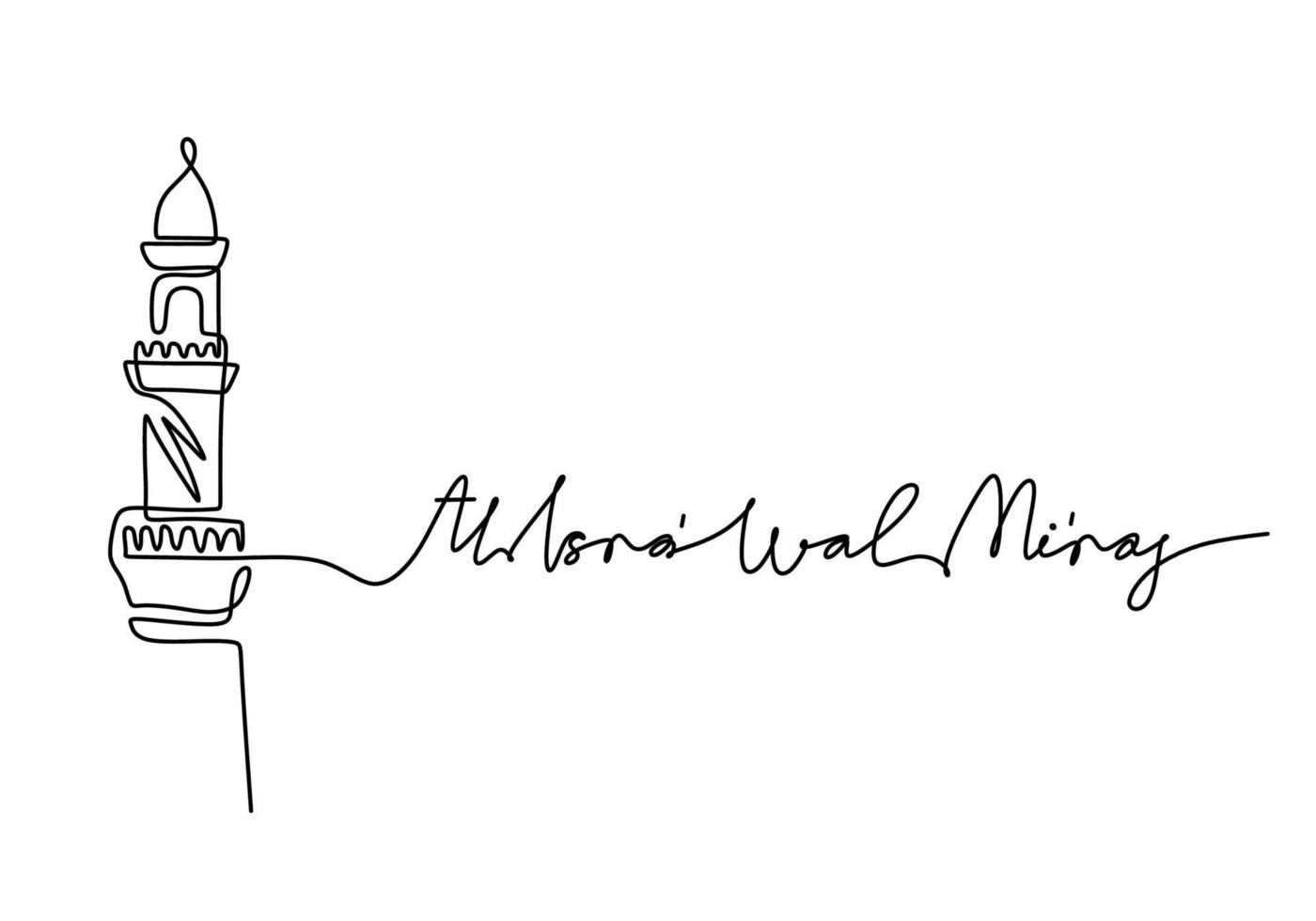 One continuous single line of mosque tower with isra wal miraj word vector