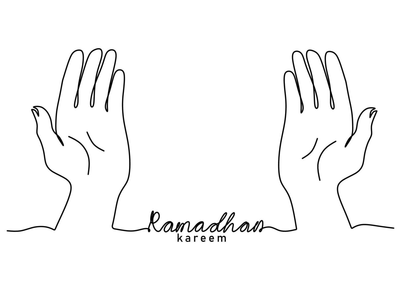 una sola línea continua de la palabra ramadan kareem con la mano rezando vector