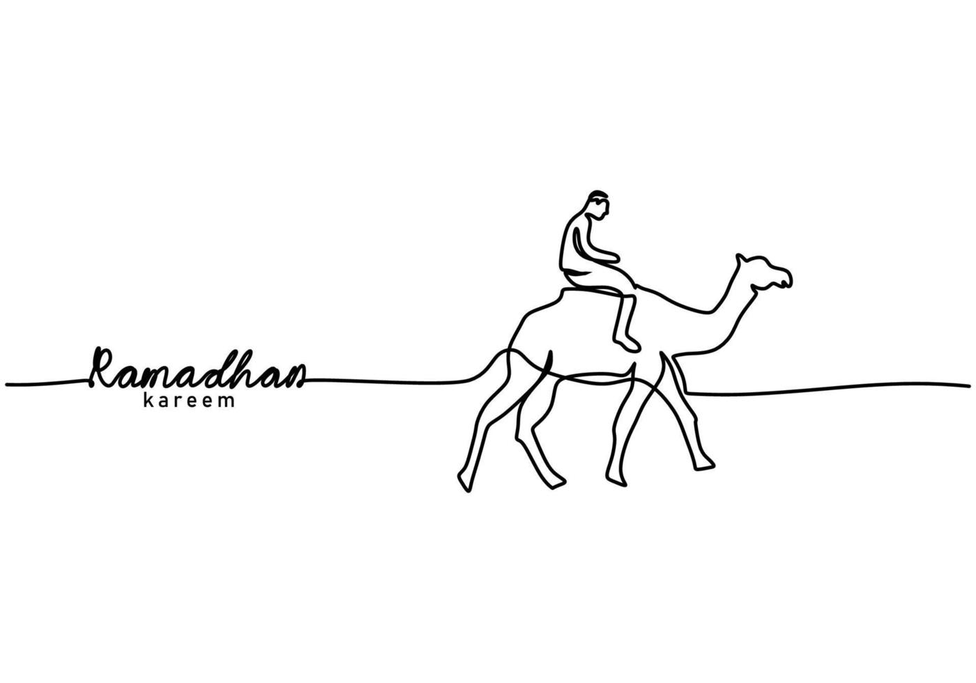 Single line of ramadan kareem word with man riding camel on desert vector