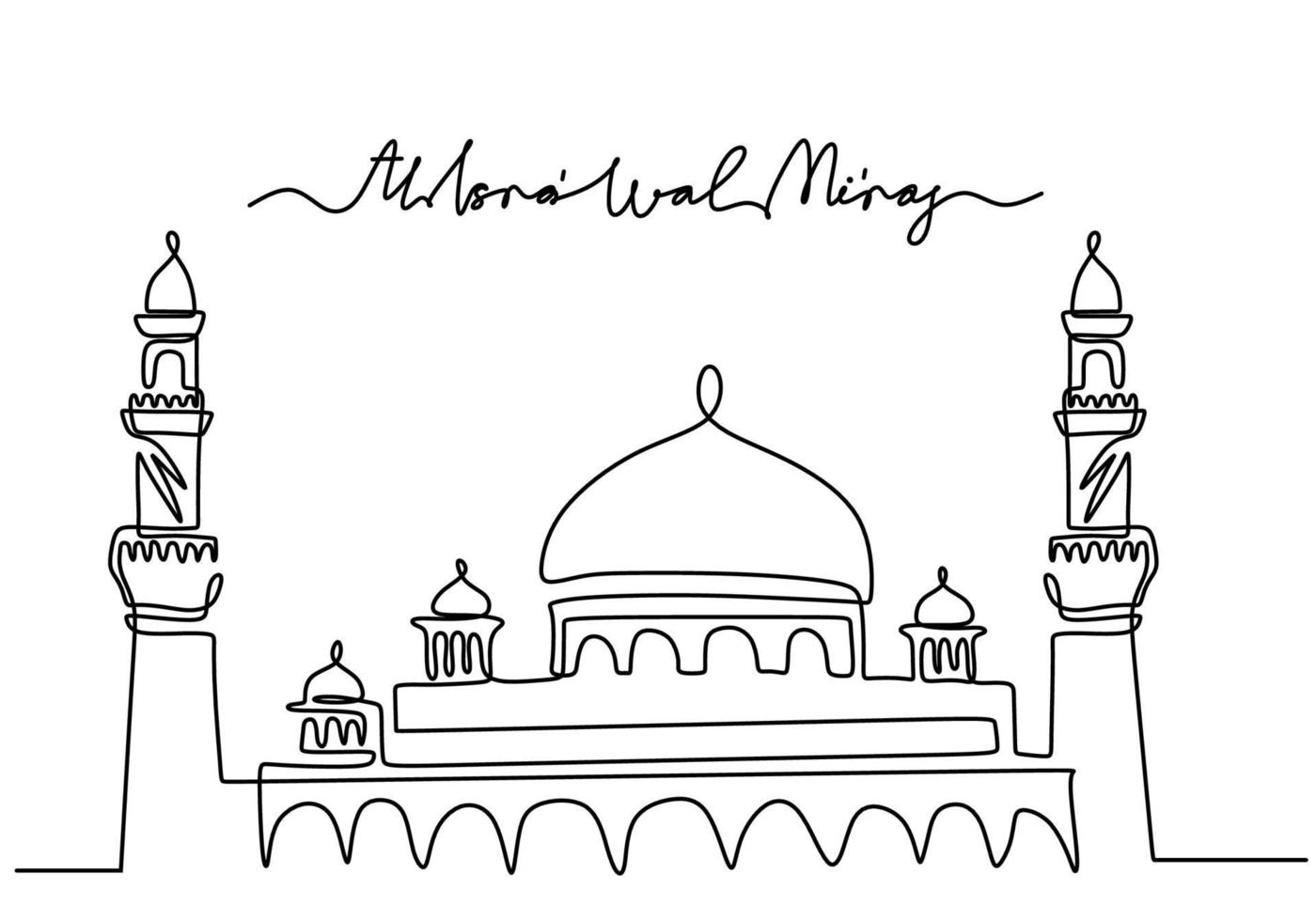 One continuous single line of big mosque with isra miraj word vector
