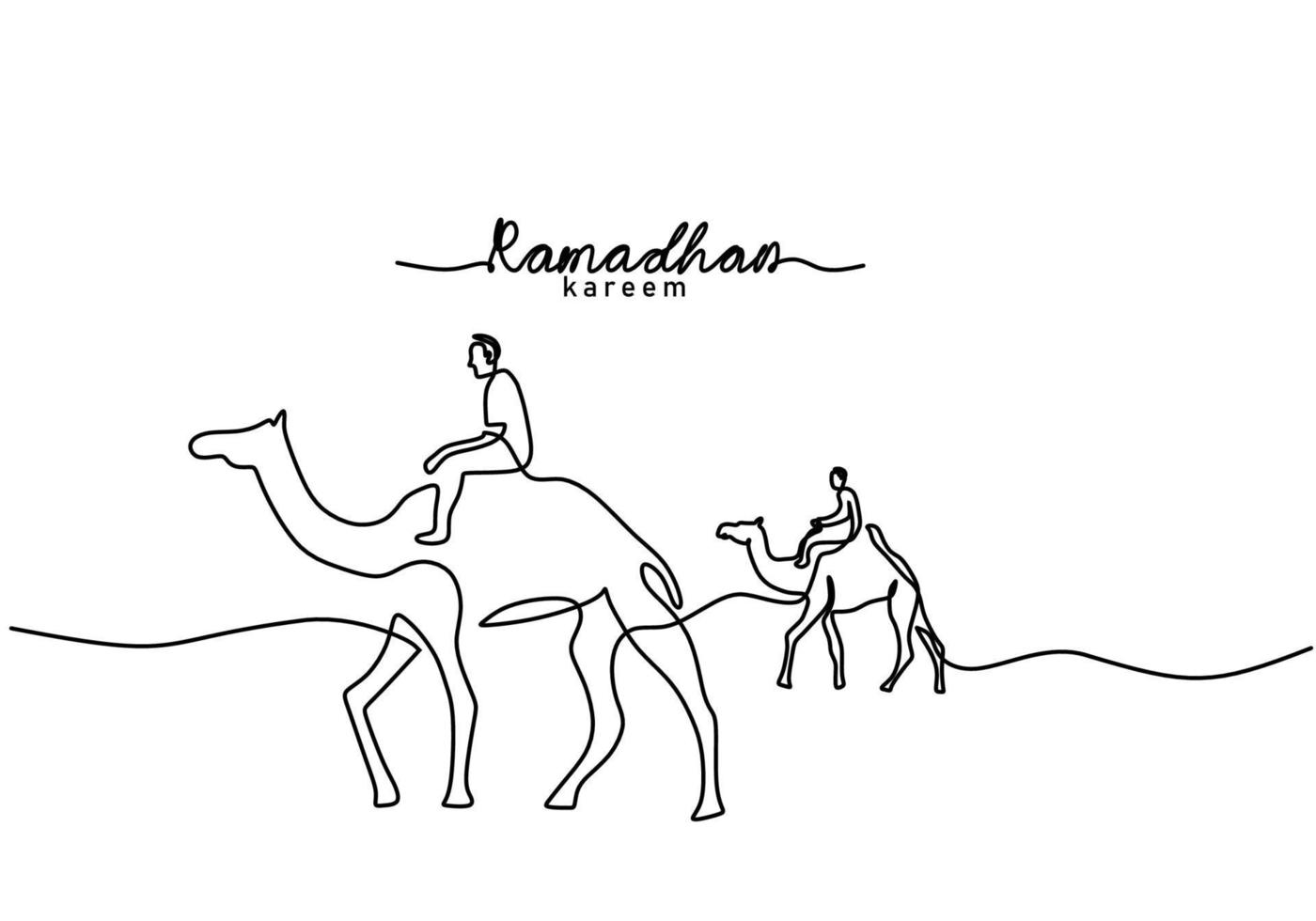 Single line ramadan kareem word with two man riding camels on desert vector