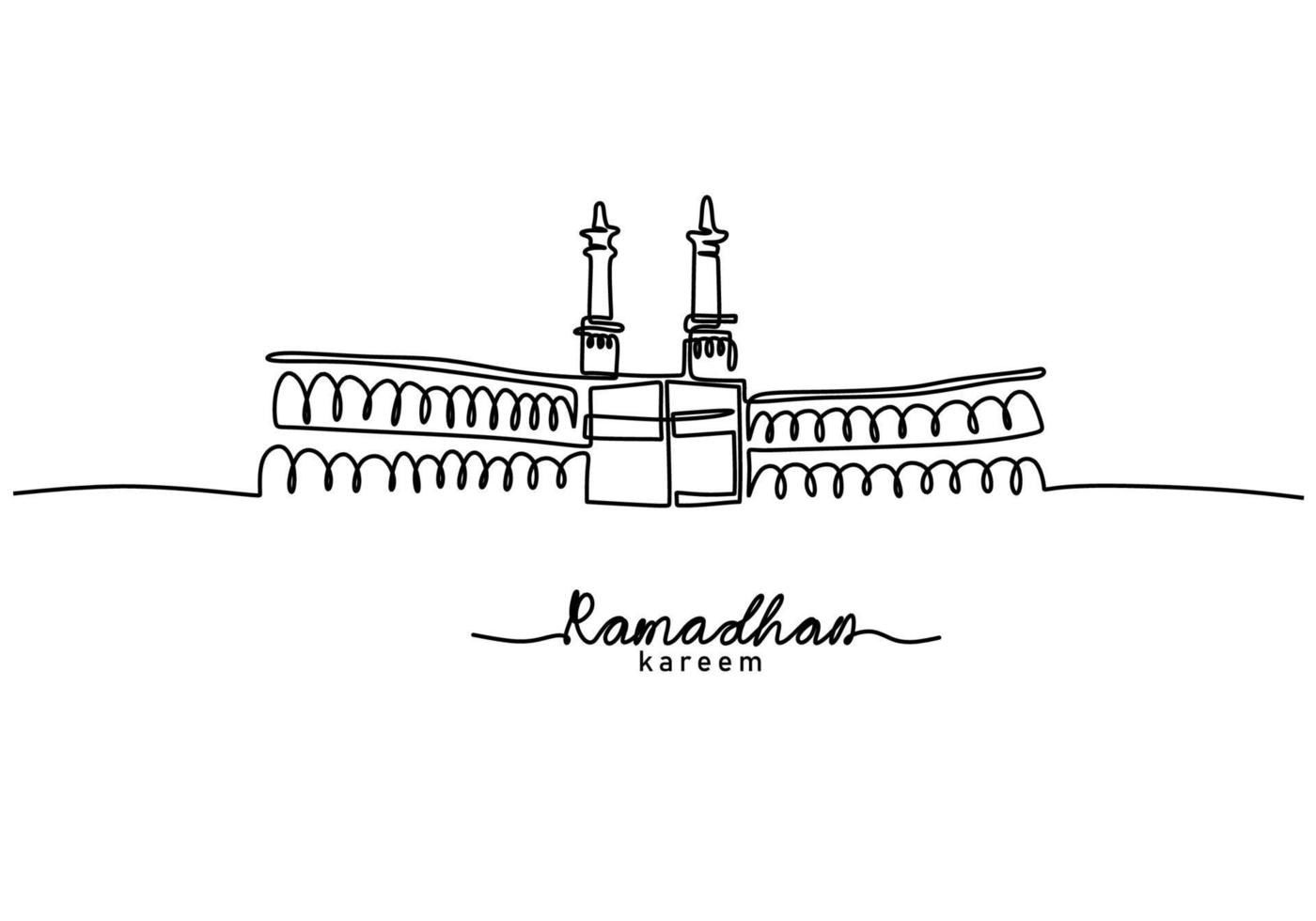 One continuous single line of ramadan kareem word with ka'bah in mecca vector