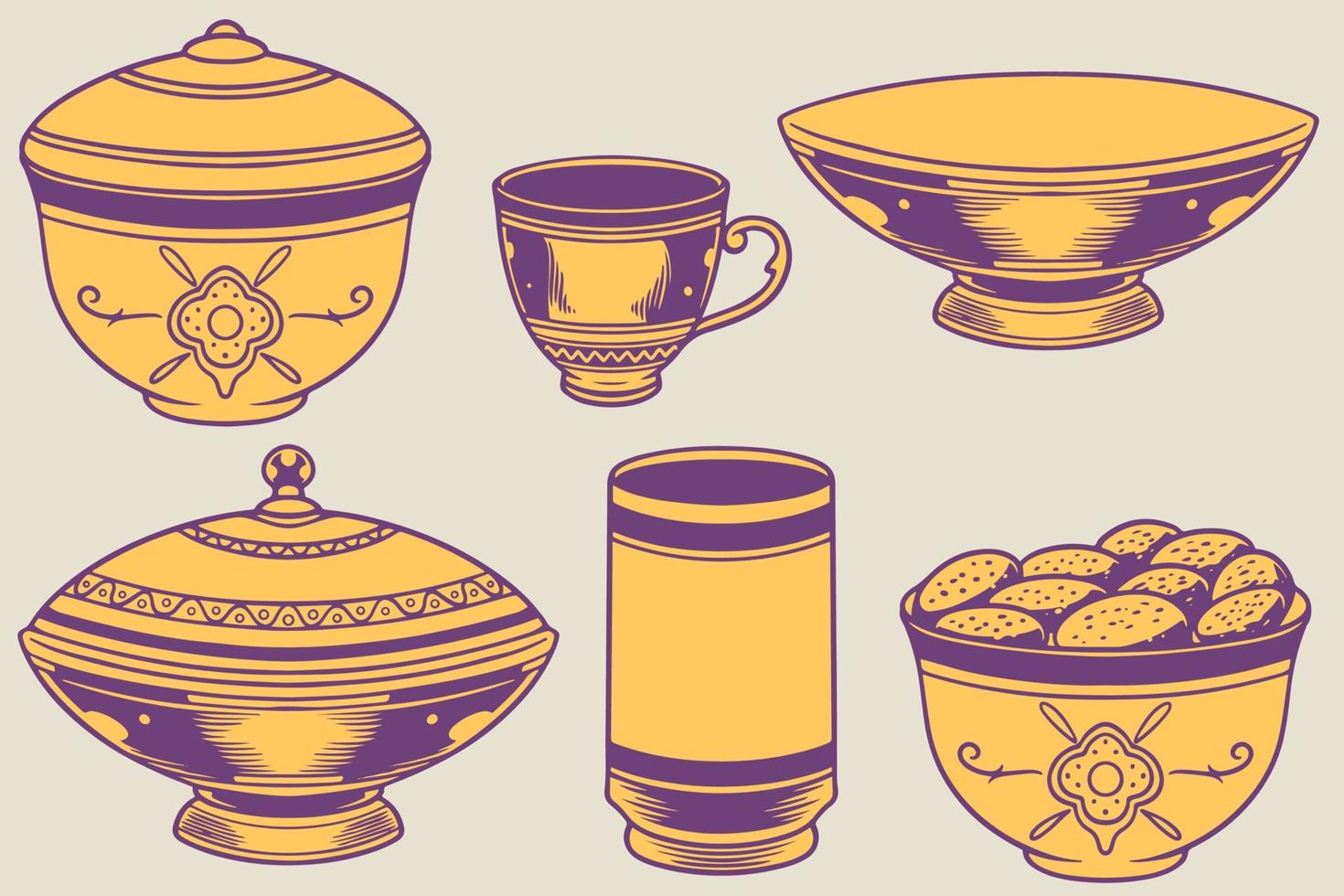 hand drawn of islamic ornaments with traditional Arabic dishes vector