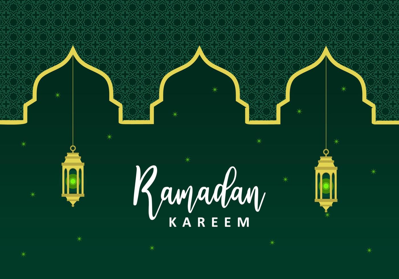 Ramadan kareem islamic greeting with green lantern islamic ornament. vector