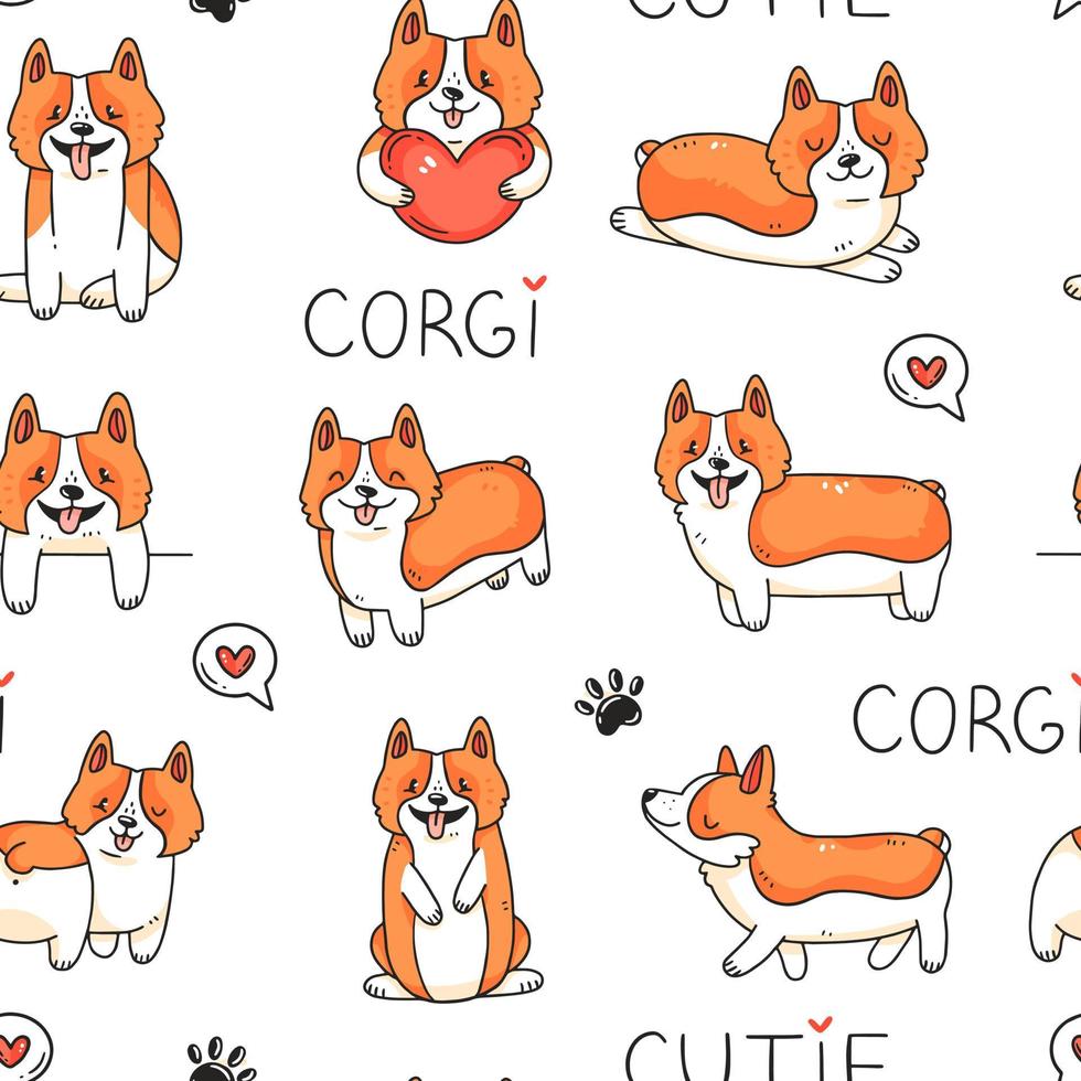 Seamless pattern with cute corgi dogs and lettering in cartoon doodle style. Vector illustration background.