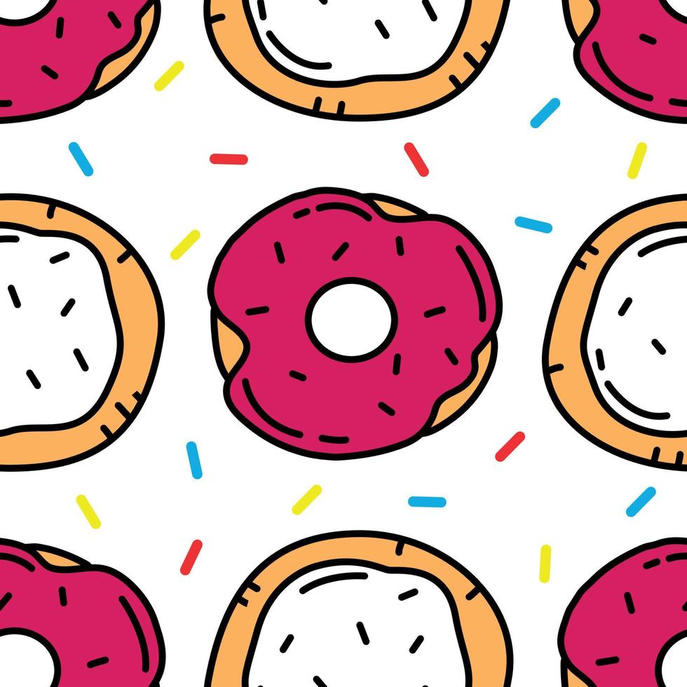 Seamless pattern with bright multicolored donuts, buns and sprinkles on a white background. Vector cartoon doodle illustration for packaging, wallpaper.