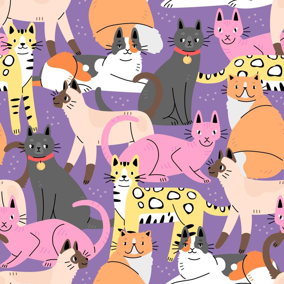 Seamless pattern with cute cats on a purple background. Background with animals. Vector illustration.